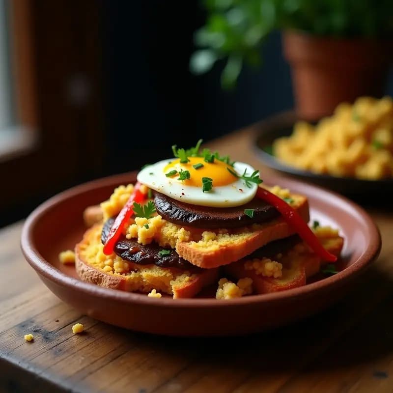 Chorrillana chilena vegana en sartén de hierro con champiñones portobello dorados, cebolla caramelizada y tofu desmenuzado estilo huevo. Acompañada de pan sin gluten tostado y perejil fresco.