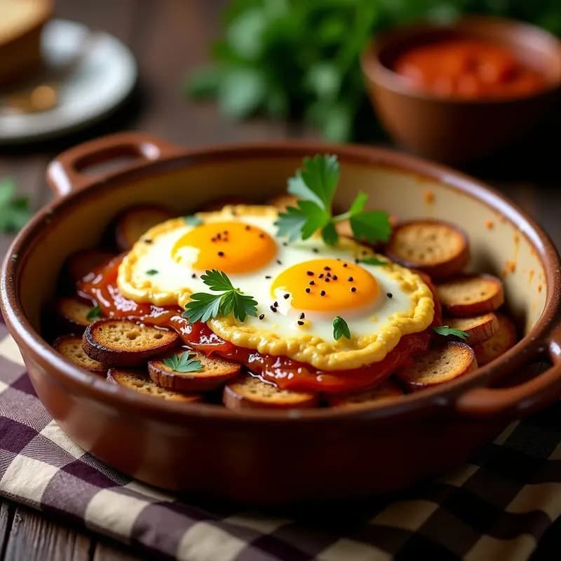 Fuente de barro rústica con chorrillana vegana: capas de pan dorado, hongos portobello fritos en tiras y queso de cashew derretido, acompañada de pebre fresco con cebolla morada, tomate y cilantro. Receta chilena sin carne.