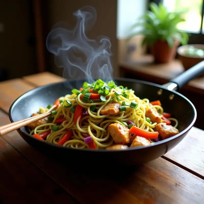 Wok humeante con Chow Mein de fideos de calabacín dorados, trozos de pollo de Sincelejo jugoso, vegetales coloridos y cebollino fresco, receta low-carb y alta en proteína.