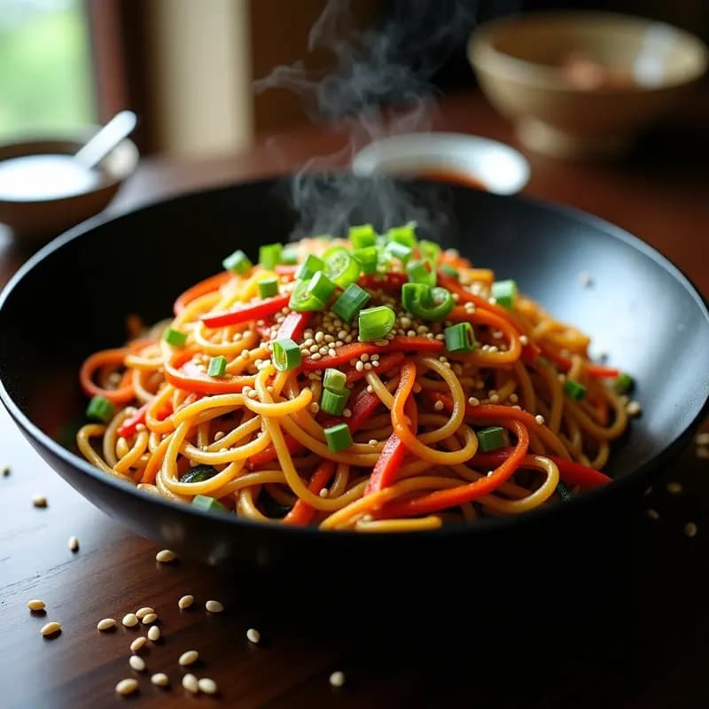Wok de acero con Chow Mein de fideos de calabacín dorados, zanahoria, pimiento rojo y brotes de soja salteados, bañados en salsa de soja oscura y decorados con semillas de sésamo y cebollino. Plato low-carb chino colorido y apetitoso.