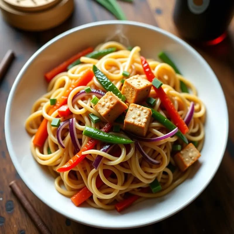 Plato hondo de cerámica blanca con Chow Mein de fideos de calabaza dorados, verduras salteadas coloridas (zanahoria, pimiento rojo, cebolla morada) y tofu dorado. Decorado con semillas de sésamo y cebollino fresco. Receta vegana y low carb al estilo chino.