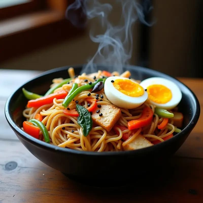 Plato hondo de cerámica negra con chow mein de pollo y vegetales sin gluten, fideos de arroz integral salteados con tiras de pollo dorado, bok choy, zanahoria, pimiento rojo y huevo de codorniz, decorado con semillas de sésamo negro y ajo negro.