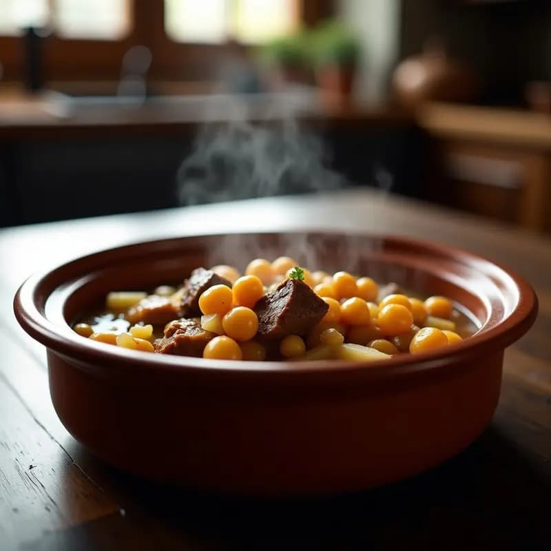 Olla de barro humeante con chowlent tradicional judío: garbanzos dorados, trozos de carne de ternera, patatas y cebada, servido en plato de barro rústico sobre fondo de madera oscura.