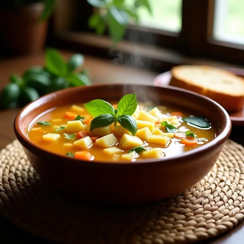 Plato hondo de barro con Chuellita Paraguaya, sopa cremosa de color amarillo pálido con trozos de pollo, queso paraguayo derretido y hojas de albahaca fresca. Acompañada de chipá al lado.