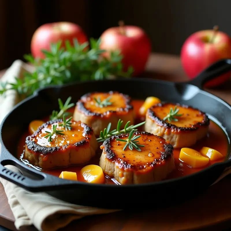 Chuleta de cerdo dorada con hueso en sartén de hierro, bañada en salsa espesa de manzana y romero, acompañada de ramitas frescas de romero y rodajas de manzana caramelizada. Receta alemana rápida y tradicional.