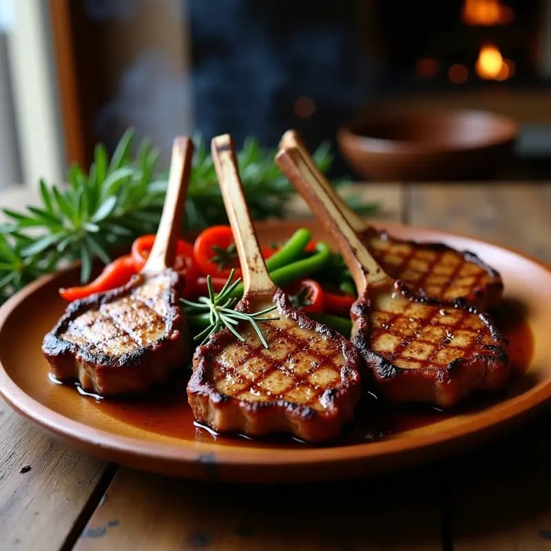 Plato de madera rústico con chuletas de ternera a la brasa doradas, acompañadas de tiras de pimientos verdes y rojos asados, romero fresco y un chorrito de aceite de oliva. Receta tradicional de asador castellano.