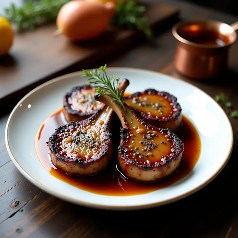 Plato blanco con dos chuletas de cerdo doradas y jugosas, napadas con una salsa oscura y brillante de oporto y pimienta, decoradas con granos de pimienta negra y cebolla morada caramelizada. Receta portuguesa gourmet en 25 minutos.
