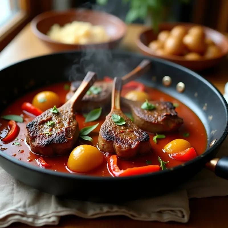 Sartén antiadherente negra con chuletas de cordero al chilindrón, bañadas en salsa espesa de pimientos rojos, verdes y tomate, acompañadas de rodajas de patata tierna. Plato tradicional aragonés humeante.