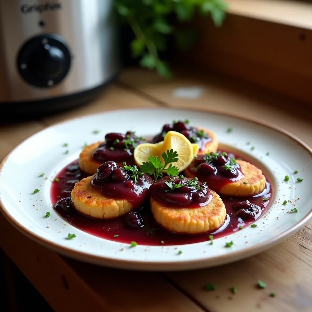 Plato blanco con chuletas de seitan doradas bañadas en una salsa espesa de ciruelas y jengibre, decoradas con rodajas de jengibre fresco y perejil. Receta alemana vegana en olla lenta.