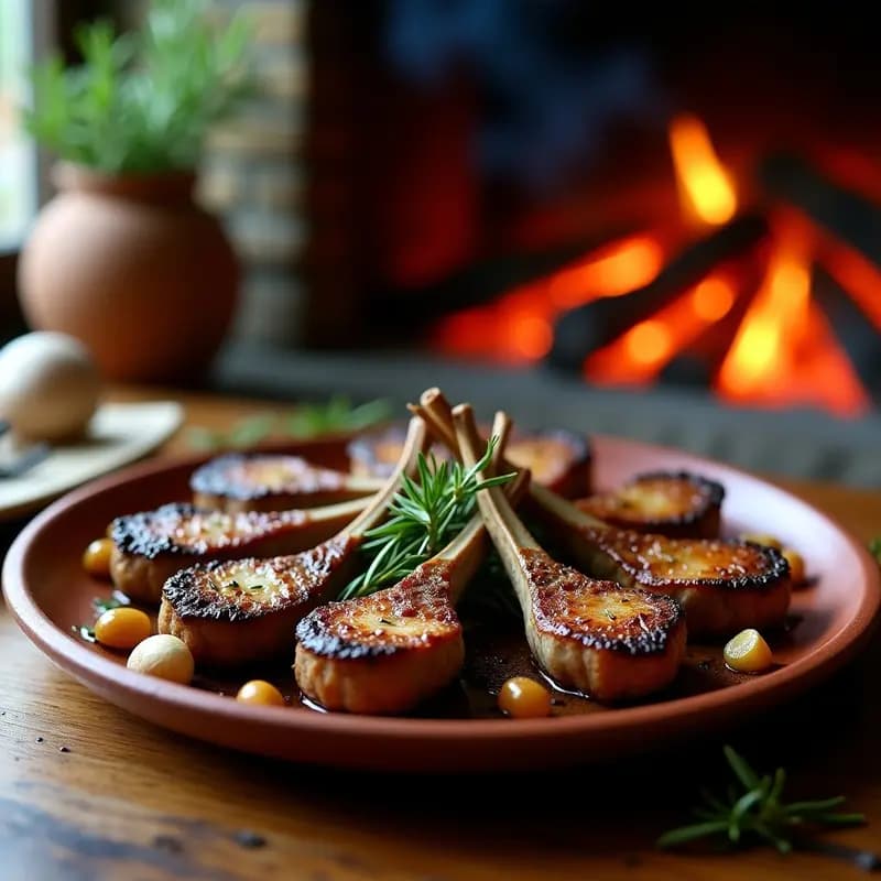 Chuletillas de cordero a la brasa con romero fresco, doradas y jugosas, servidas en plato de barro rústico con ramitas de romero y dientes de ajo asados al lado.