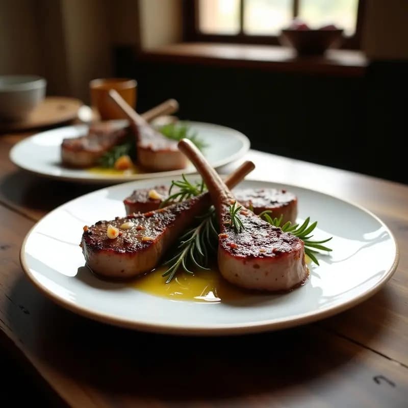 Plato blanco rústico con cuatro chuletillas de cordero doradas, decoradas con ramitas de romero fresco y láminas de ajo, sobre un fondo de madera oscura. Receta tradicional aragonesa de chuletillas de cordero al romera.