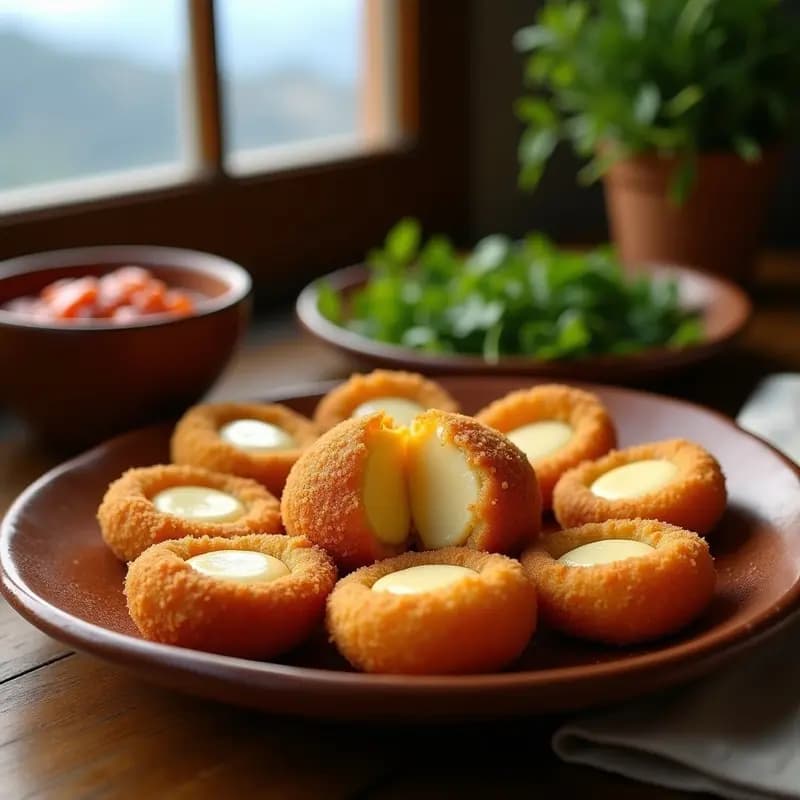 Plato de cerámica rústica con chuños de papa dorados y crujientes, rellenos de queso Utapape derretido, acompañados de salsa de llajwa y hierbas andinas frescas, receta boliviana tradicional de altura.
