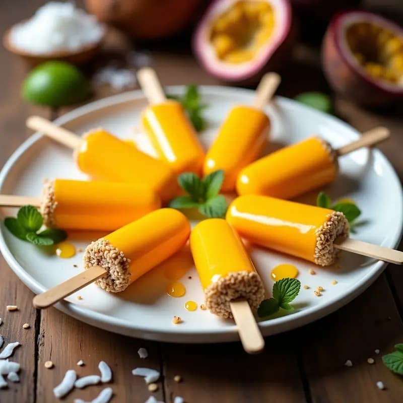 Chupa Chups caseros de frutas tropicales con mango, papaya y maracuyá, cubiertos de coco rallado, servidos en un plato blanco con hojas de menta. Postre tailandés vegano y sin azúcar.