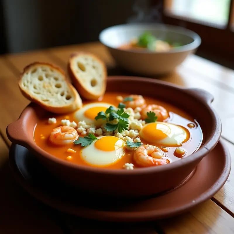 Cazuela de barro humeante con chupe de camarones espeso, huevos pochados con yema líquida, queso fresco desmenuzado y camarones enteros. Acompañado de rebanadas de pan tostado y decorado con hojas de culantro. Receta peruana de olla a presión.