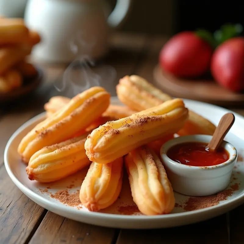 Churos dorados y crujientes de queso con vetas de tapioca, espolvoreados con azúcar moreno y canela, servidos en un plato de cerámica blanca con un bol pequeño de mermelada de guayaba al lado. Desayuno brasileño en airfryer.