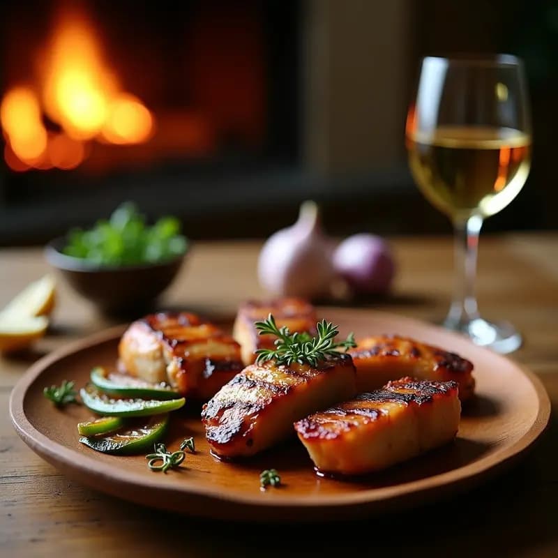 Plato rústico de madera con churrascito portugués de cerdo marinado en vino blanco, trozos dorados y jugosos acompañados de cebolla morada y pimiento verde salteados, decorado con ramitas de tomillo fresco y un hilo de aceite de oliva.