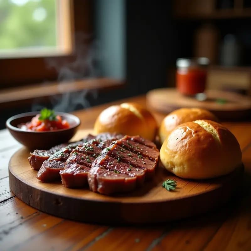Plato de churrasco a la chilena con filetes de carne jugosos y dorados, acompañados de panes amasados esponjosos y dorados, servidos en una tabla de madera rústica con pebre al lado.