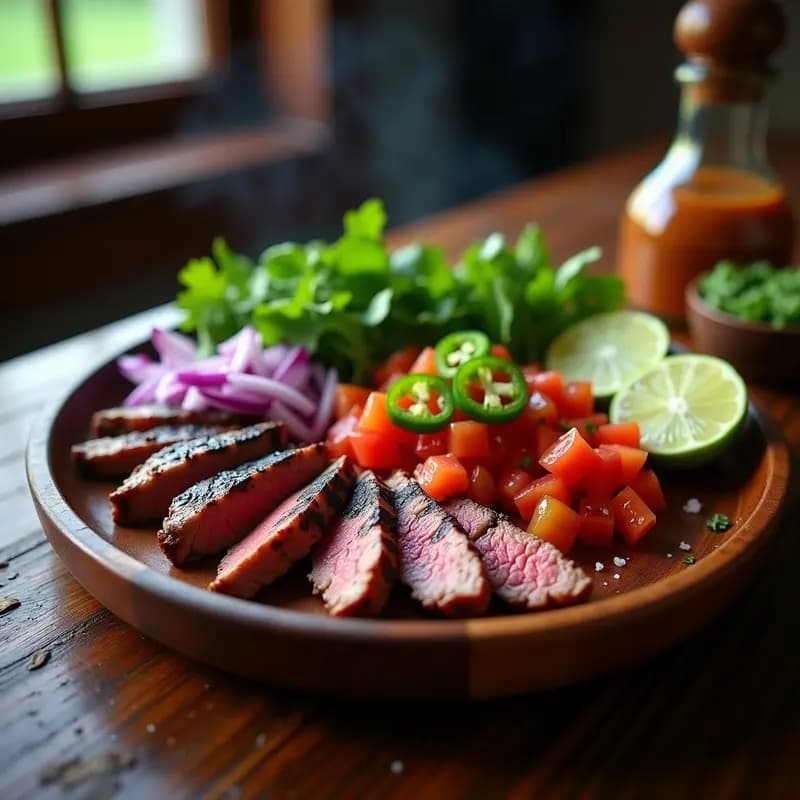 Plato de churrasco a la chilena cortado en tiras jugosas sobre una tabla de madera, acompañado de pebre fresco de tomate, cilantro y cebolla morada en un bol pequeño, con rodajas de limón y hojas de cilantro como decoración.