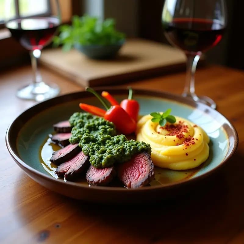 Plato hondo de barro con churrasco en tiras jugosas cubierto de chimichurri verde brillante, acompañado de puré de yuca cremoso y dorado, decorado con hojas de perejil. Receta argentina tradicional sin lactosa.