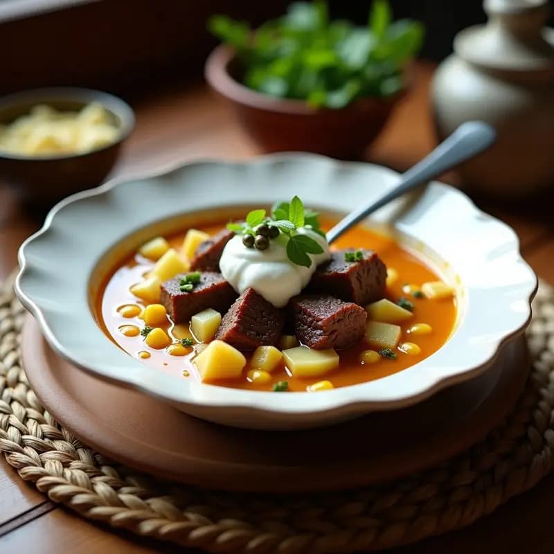 Plato hondo de cerámica blanca con churrasco de res en rodajas sobre un ajiaco cremoso de tres papas y maíz, decorado con crema de leche, aguacate en cubos, alcaparras y guascas frescas. Receta bogotana de churrasco con ajiaco de papas y maíz en olla exprés.