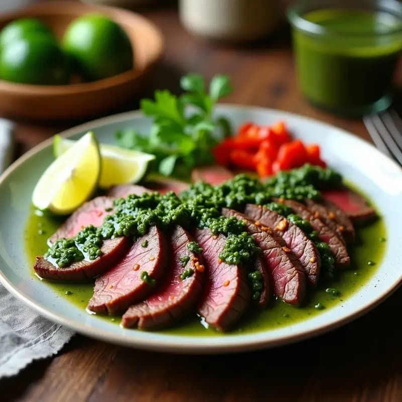 Plato de churrasco colombiano en airfryer cortado en tiras jugosas sobre un tupper de cristal, acompañado de chimichurri verde vibrante de cilantro y ajo, con rodajas de limón y pimiento rojo al lado.