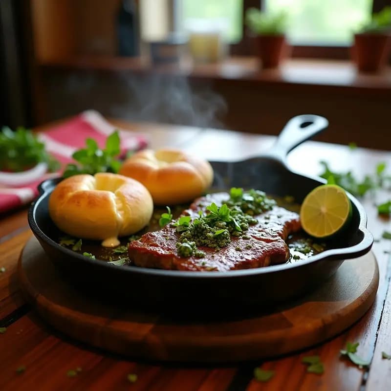 Plato de churrasco colombiano con filetes de carne asada en sartén, acompañados de arepas doradas rellenas de queso derretido, chimichurri verde fresco y cebolla morada en juliana, sobre una mesa rústica de madera.