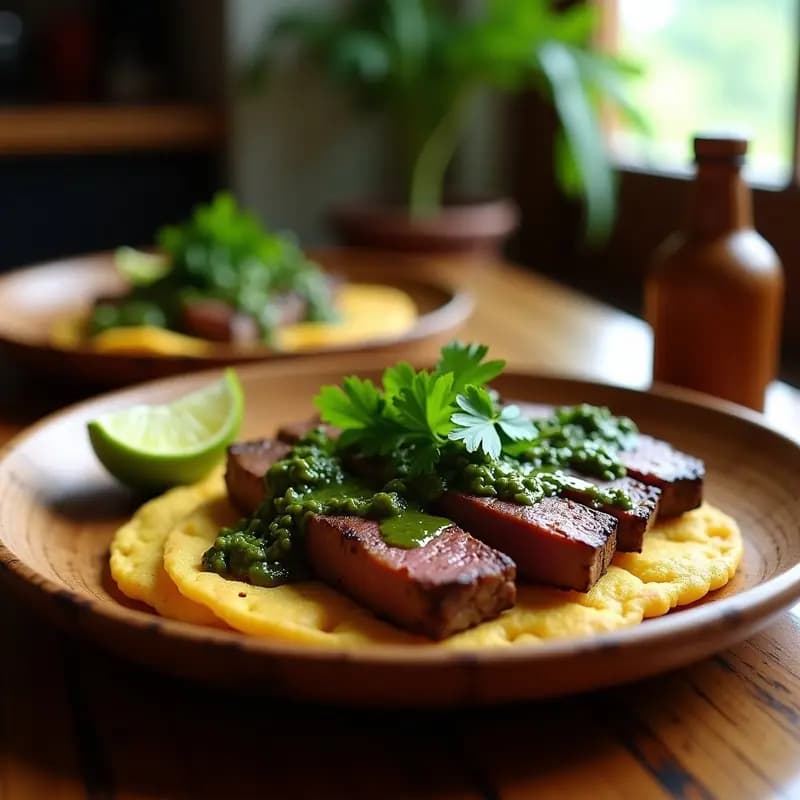 Plato rústico de madera con churrasco colombiano en rodajas jugosas sobre arepas de yuca doradas, bañado en chimichurri verde vibrante. Acompañado de aguacate en cubos y cilantro fresco. Receta alta en proteína y sin gluten.