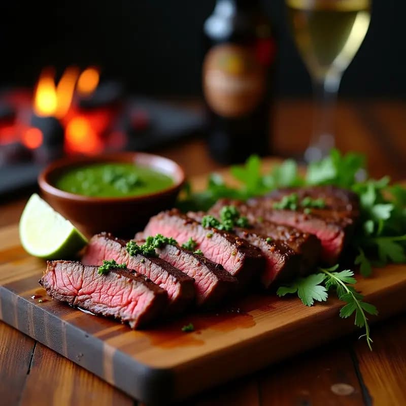 Churrasco colombiano a la parrilla cortado en rodajas gruesas sobre un plato de madera, acompañado de chimichurri verde vibrante en un recipiente pequeño y ensalada de cebolla morada y ají dulce. Fondo de parrilla humeante y hierbas frescas esparcidas.