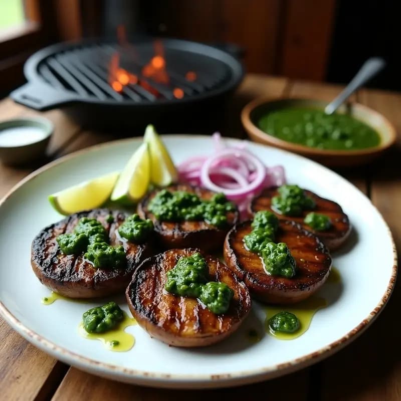 Plato de churrasco colombiano vegano con hongos portobello a la parrilla en tiras gruesas, bañados en chimichurri verde fresco, acompañado de rodajas de cebolla morada asada y perejil. Receta vegana y alta en proteína.