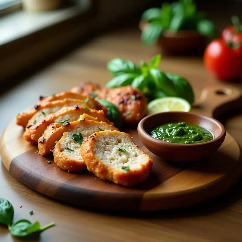 Plato blanco con tiras doradas de churrasco de pollo brasileño en airfryer, acompañadas de chimichurri de albahaca verde vibrante y rodajas de limón, sobre fondo rústico de madera.