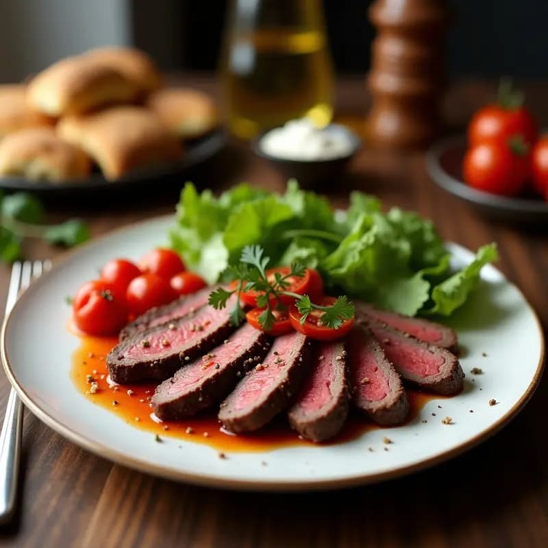 Plato de churrasco de res a la parrilla en tiras finas, bañado con chimichurri verde brillante, acompañado de ensalada de tomate rojo, cebolla morada y pimiento verde, sobre un mantel rústico de lino.