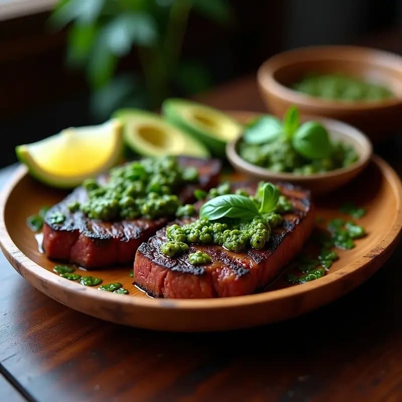 Filetes de churrasco de ternera perfectamente sellados en parrilla, servidos en plato de madera con chimichurri verde de albahaca, acompañados de rodajas de limón y aguacate. Receta argentina keto y baja en carbohidratos.