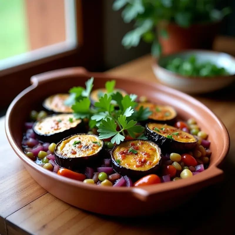 Bandeja de horno con churrascos de berenjena marinada vegana al estilo portugués, dorados y jugosos, decorados con perejil fresco y acompañados de rodajas de limón y hierbas aromáticas.