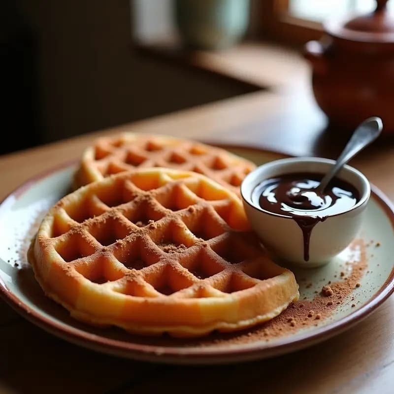 Waffles dorados con textura de churro, apilados con salsa de chocolate negro brillante y virutas de canela, servidos en plato rústico sobre fondo de madera oscura.