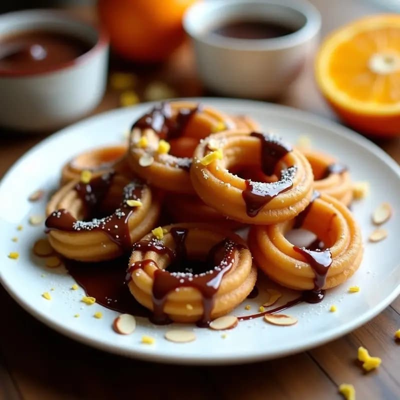 Churros belgas dorados y crujientes dispuestos en un plato de cerámica blanca, bañados con salsa de chocolate negro brillante y decorados con almendras fileteadas y ralladura de naranja fresca. Desayuno dulce europeo con contraste de texturas.