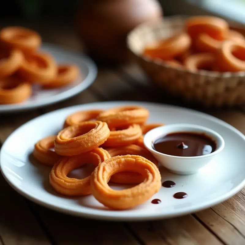 Plato blanco con churros de camote morado dorados y crujientes, dispuestos en forma de abanico, acompañados de una salsa de chocolate 70% brillante en un bol pequeño. Decorados con canela en polvo y servidos sobre una mesa de madera rústica con fondos borrosos que evocan una cocina filipina tradicional.