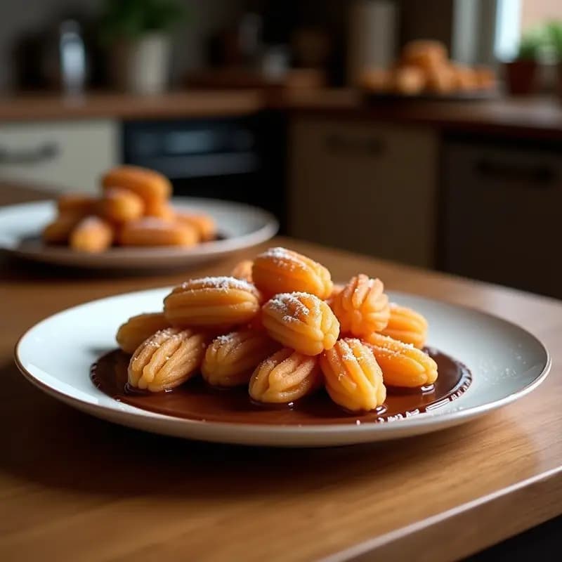 Churros de camote morado horneados, dorados y esponjosos, dispuestos en forma de abanico sobre un plato de cerámica negra. Acompañados de una salsa de chocolate negro brillante en un cuenco pequeño de barro, con semillas de chía espolvoreadas y virutas de chocolate como decoración. Fondo con texturas rústicas y luz cálida que resalta el color morado intenso de los churros.