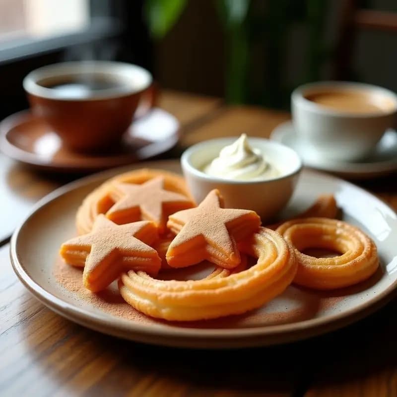 Churros argentinos dorados y crujientes con vetas de canela, espolvoreados con una mezcla de eritritol y canela, sobre un plato rústico de barro. Al fondo, un bol con queso crema batido y una taza de café humeante. Receta de churros de canela y queso crema sin azúcar.