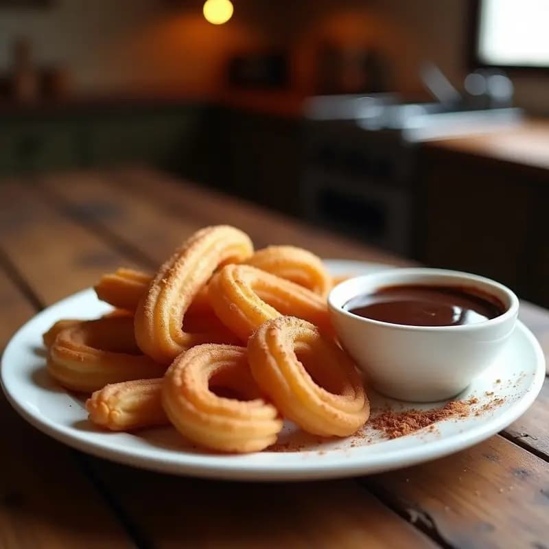 Plato de churros dorados y crujientes espolvoreados con azúcar moreno y canela, acompañados de una salsa de chocolate negro brillante en un cuenco pequeño. Postre mexicano sin lactosa sobre fondo rústico de madera.
