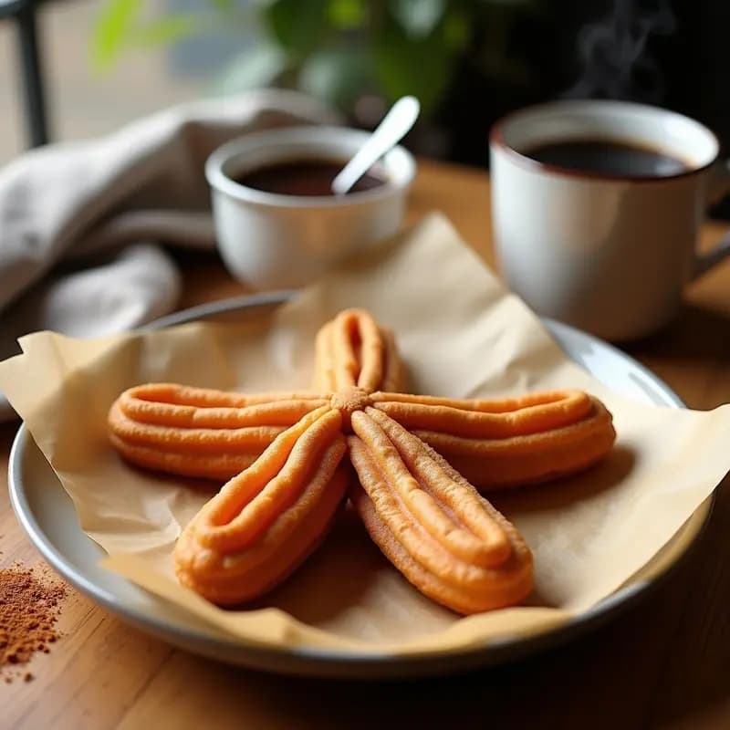 Churros dorados de chía y canela sobre papel de horno, con textura crujiente y esponjosa, acompañados de una taza de café negro y un cuenco pequeño con salsa de chocolate amargo. Desayuno keto mexicano bajo en carbohidratos.