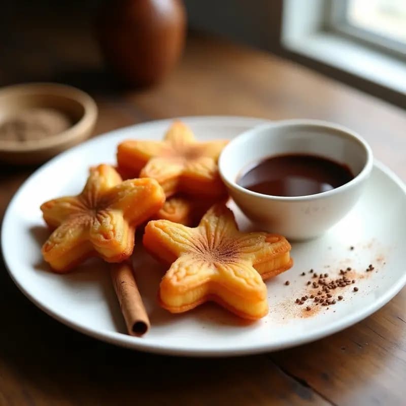 Churros de chía dorados y crujientes dispuestos en un plato blanco, bañados parcialmente en chocolate negro 100% derretido y decorados con un hilo de mantequilla de cacahuete. Fondo borroso con ingredientes como semillas de chía y cacao en polvo.