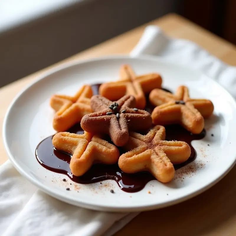 Plato blanco con churros dorados y crujientes de chía, dispuestos en forma de abanico, bañados en una salsa de chocolate negro brillante. Espolvoreados con canela y semillas de chía. Desayuno colombiano saludable.