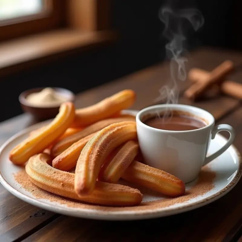 Plato de churros dorados y crujientes espolvoreados con azúcar y canela, acompañados de una taza humeante de chocolate caliente cremoso. Postre tradicional español casero.