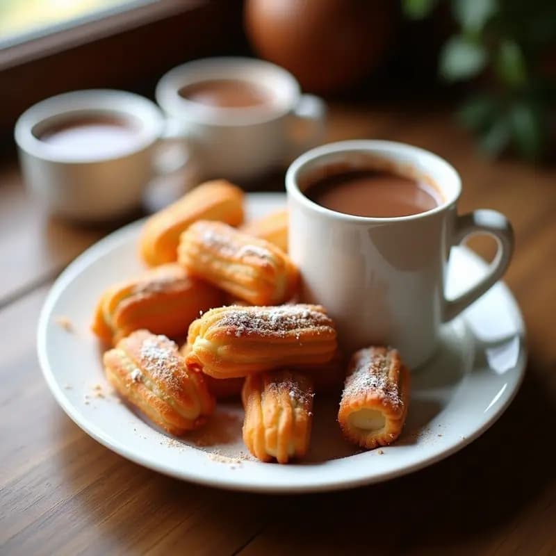 Plato blanco con churrosiniños dorados y crujientes espolvoreados con azúcar glass y canela, acompañados de tazas pequeñas de chocolate caliente espeso. Postre español para niños.