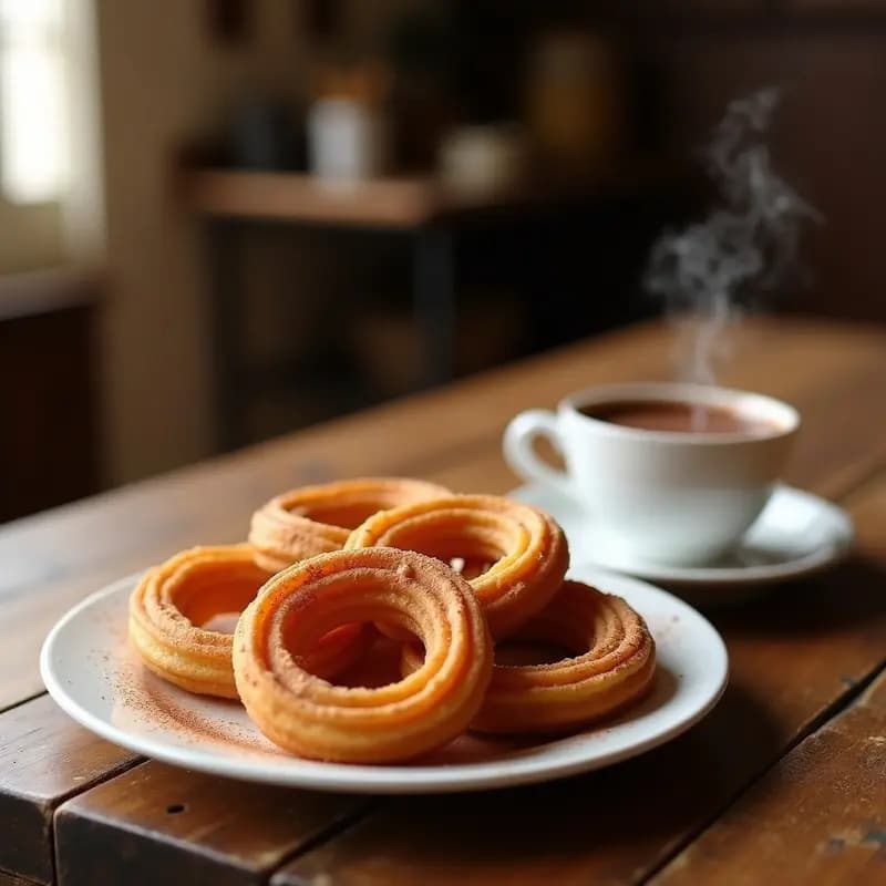 Plato de churros dorados y crujientes espolvoreados con azúcar y canela, acompañados de una taza humeante de chocolate espeso casero. Desayuno tradicional español en estilo rústico sobre mesa de madera.