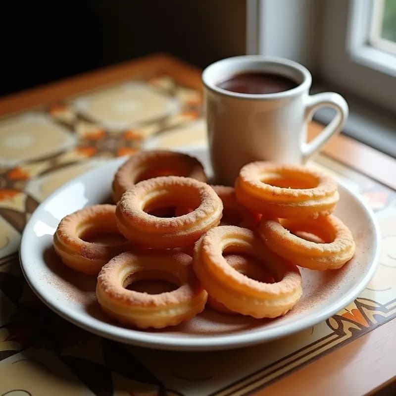 Plato de churros dorados y crujientes espolvoreados con azúcar y canela, acompañados de una taza de chocolate espeso y brillante, receta madrileña tradicional para desayunos y meriendas.