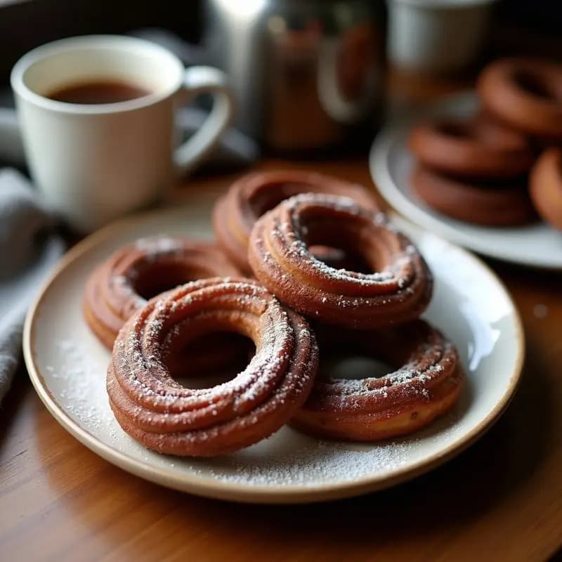 Churros de chocolate negro y avellanas horneados, dorados y crujientes, servidos en plato rústico con virutas de chocolate y avellanas picadas.