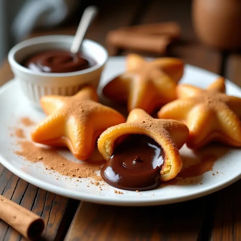 Churros dorados y crujientes en forma de estrella, rellenos de una crema oscura de chocolate y plátano macho, servidos en un plato blanco con espolvoreado de canela, receta de postre español en airfryer sin aceite.