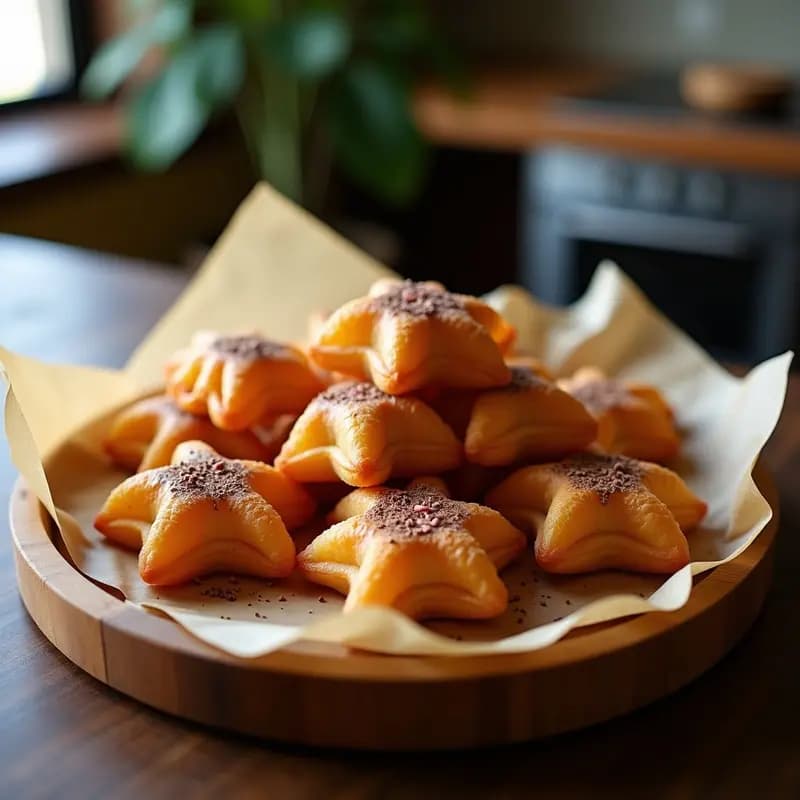 Churros dorados y crujientes en forma de estrella, rellenos de queso crema y espolvoreados con chocolate negro rallado y pimienta rosa, servidos en una fuente de madera sobre papel de horno, con un fondo borroso de cocina moderna.