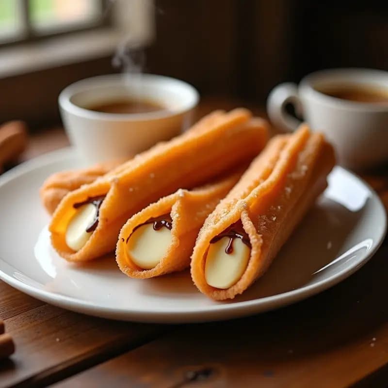 Churros dorados y crujientes rellenos de queso crema, servidos en un plato blanco con salsa de caramelo brillante y especias de chocolatie visibles. Postre colombiano en airfryer.